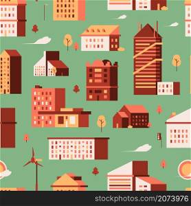 Houses seamless pattern. Urban buildings small city constructions garish vector background. Building architecture wrapping, backdrop trendy illustration. Houses seamless pattern. Urban buildings small city constructions garish vector background