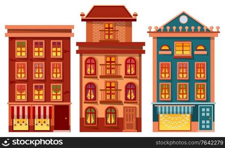 Houses set vector, isolated buildings exteriors. Architecture of city, town or village. Modern and vintage design of construction. Floor decorated with stars and garlands for Christmas celebration. Houses of Town, City Estate and Buildings Set