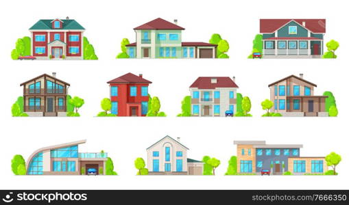 Houses, villas and mansion real estate building icons. Luxury bungalow, modern cottage and contemporary house buildings facade with porch, pitched roof and garage flat vector. Suburban townhouse. Houses and mansion real estate building icons