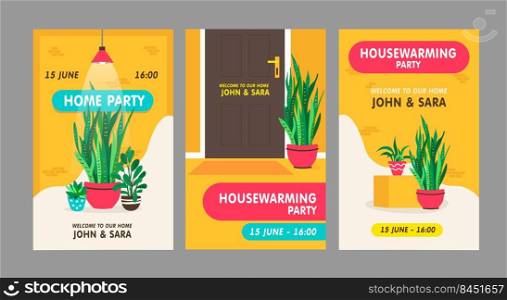 Housewarming party invitation cards set. Houseplants with pots vector illustrations with text, names, time and date. New home concept for postcards and announcement posters design