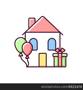 Housewarming party RGB color icon. Celebrate moving in new home. Presents and gifts for house warming. Host birthday celebration. Special occasion greeting. Isolated vector illustration. Housewarming party RGB color icon