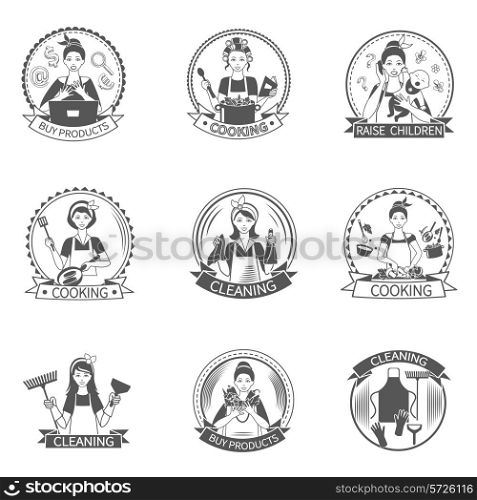 Housewife black label set with buying products cooking raising children isolated vector illustration