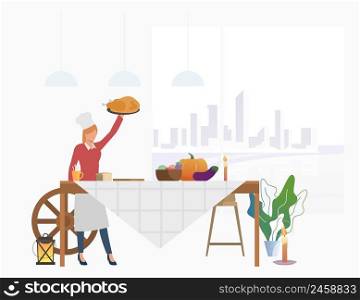 Housewife bringing turkey to feast table. Female cook serving table for Thanksgiving celebration. Vector illustration for banner, postcard, commercial