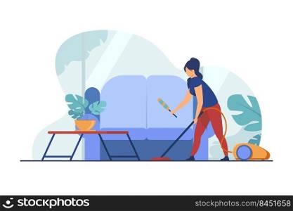 Housewife cleaning home with vacuum cleaner. Sofa, house, room flat vector illustration. Household and housekeeping concept for banner, website design or landing web page