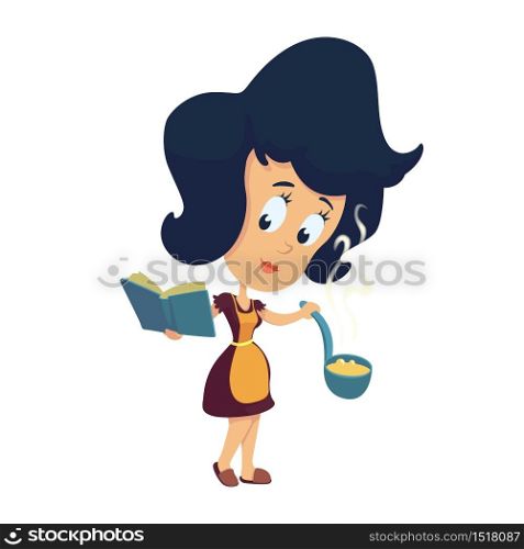 Housewife cooking meal flat cartoon vector illustration. Cancer zodiac sign personality. Ready to use 2d character template for commercial, animation, printing design. Isolated comic hero
