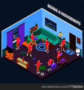 Housewife during work including washing floor and window, ironing linen and child care isometric composition vector illustration. Housewife Isometric Composition