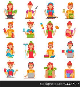 Housewife Flat Color Icons Set . Housewife flat color icons set with women doing housework so as cleaning cooking washing babysitting isolated vector illustration