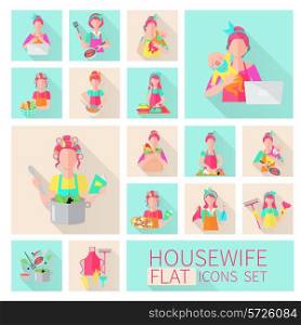 Housewife flat icons set with woman housework activities isolated vector illustration