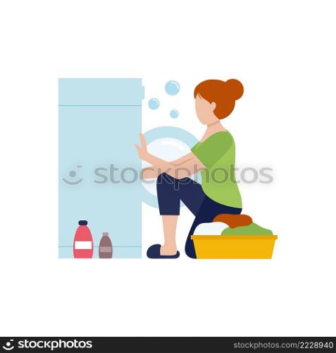 Housewife girl puts clothes in the washing machine. Washing clothes with powder. Vector flat character. Cleaning of the apartment during the quarantine.
