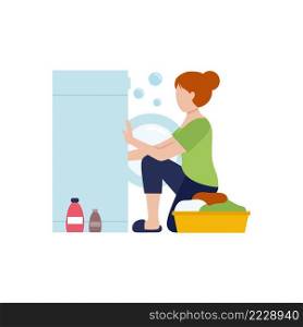 Housewife girl puts clothes in the washing machine. Washing clothes with powder. Vector flat character. Cleaning of the apartment during the quarantine.