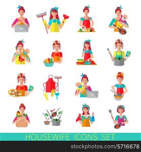 Housewife icon set with woman house working cleaning washing isolated vector illustration