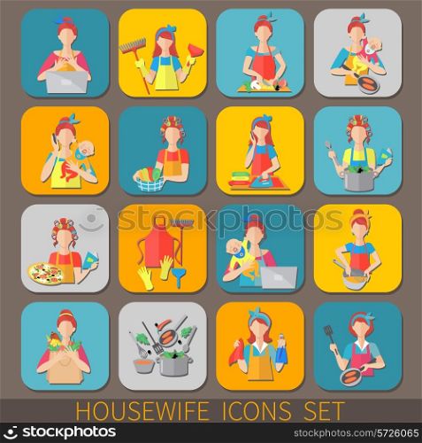 Housewife icons set with women doing housework cleaning cooking isolated vector illustration