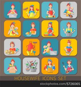 Housewife icons set with women doing housework cleaning cooking isolated vector illustration