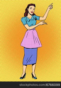 Housewife shows hands retro style pop art. Housewife shows hands retro style pop art. The woman of the house household