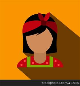 Housewife with a red bow on her head flat icon on a yellow background. Housewife with a red bow on her head flat