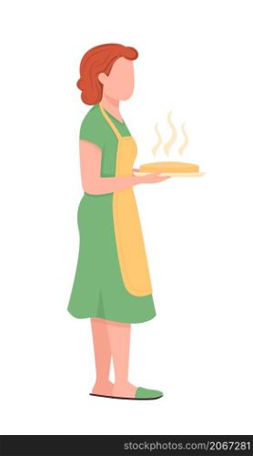 Housewife with fresh pie semi flat color vector character. Standing figure. Full body person on white. Mother in apron isolated modern cartoon style illustration for graphic design and animation. Housewife with fresh pie semi flat color vector character