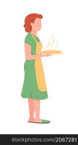 Housewife with fresh pie semi flat color vector character. Standing figure. Full body person on white. Mother in apron isolated modern cartoon style illustration for graphic design and animation. Housewife with fresh pie semi flat color vector character