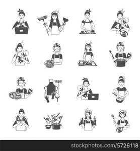 Housewife woman domestic life black icons set isolated vector illustration