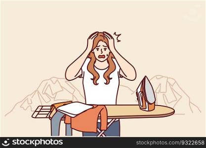 Housewife woman ironing clothes and clutching head in panic due to overload and fatigue. Housewife with iron stands near pile of clothes and needs assistant to take care of household. Housewife woman ironing clothes and clutching head in panic due to overload and fatigue