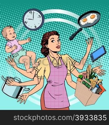 Housewife work time family success woman pop art retro style. A woman plans the time and manages to do everything around the house. Child care, work via smartphone, cooking, household chores.