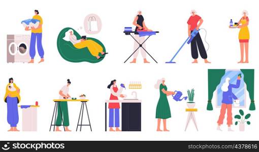 Housewives cooking, cleaning house, washing dishes, ironing clothes, take care of kids. Housewife doing housework vector illustration set. Housekeeping female characters having daily routine. Housewives cooking, cleaning house, washing dishes, ironing clothes, take care of kids. Housewife doing housework vector illustration set. Housekeeping female characters
