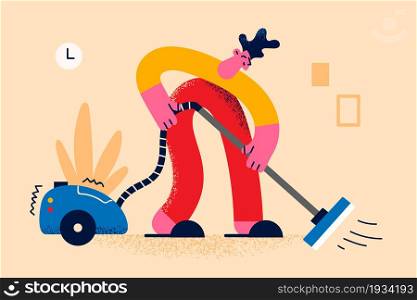 Housework and cleaning home concept. Young smiling man cartoon character cleaning floor carpet with vacuum cleaner vector illustration . Housework and cleaning home concept