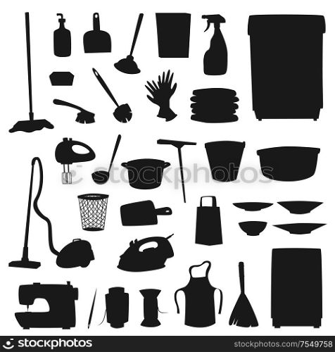 Housework and household icons isolated silhouettes. Vector home washing and cleaning tools, sewing machine and kitchen utensils. Mop and vacuum cleaner, apron and gloves, plates and threads, broom. Kitchen utensils, household. Washing, sewing icons