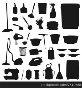 Housework and household icons isolated silhouettes. Vector home washing and cleaning tools, sewing machine and kitchen utensils. Mop and vacuum cleaner, apron and gloves, plates and threads, broom. Kitchen utensils, household. Washing, sewing icons