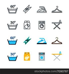 Housework and laundry washing line and flat icons of set. Vector illustration. Housework and laundry washing line and flat icons