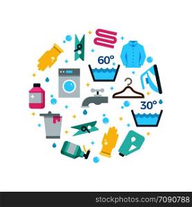 Housework drying washing flat icons in form round concept on white. Vector illustration. Housework drying washing flat icons round concept