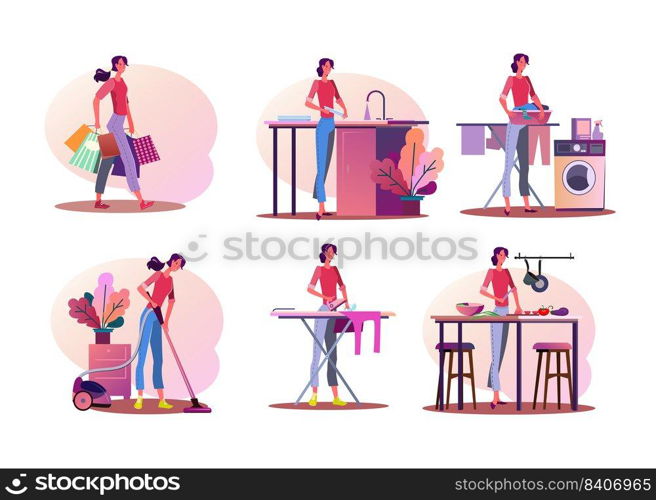 Housework illustration set. Woman doing shopping, washing dish, cooking, ironing, cleaning apartment. Household concept. Vector illustration for banners, posters, website design