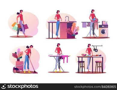 Housework illustration set. Woman doing shopping, washing dish, cooking, ironing, cleaning apartment. Household concept. Vector illustration for banners, posters, website design