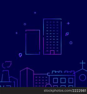 Housing, estate area gradient line vector icon, simple illustration on a dark blue background, cityscape buildings related bottom border.. Housing, estate area gradient line icon, buildings vector illustration