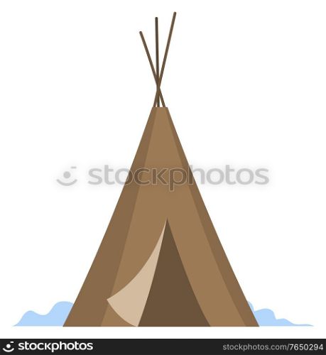 Housing for indigenous north families. Chum from reindeer skin single located on snowy ground. Hut for people isolated on white background. Temporary dwelling. Vector illustration in flat style. Yaranga or Chum Building for North People, Housing