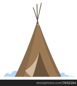 Housing for indigenous north families. Chum from reindeer skin single located on snowy ground. Hut for people isolated on white background. Temporary dwelling. Vector illustration in flat style. Yaranga or Chum Building for North People, Housing