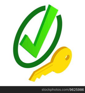 Housing investment icon isometric vector. Big gold key and green check mark icon. Financial investment concept. Housing investment icon isometric vector. Big gold key and green check mark icon