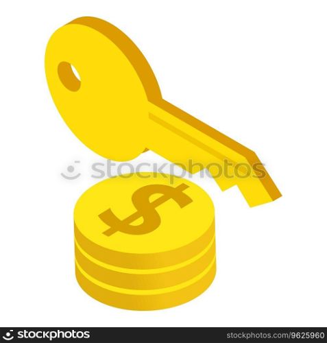 Housing investment icon isometric vector. Big key and stack of golden coin icon. Financial investment concept. Housing investment icon isometric vector. Big key and stack of golden coin icon