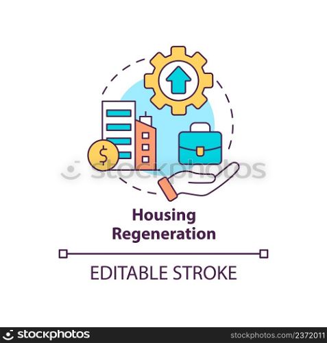 Housing regeneration concept icon. Better living environment. Social planning example abstract idea thin line illustration. Isolated outline drawing. Editable stroke. Arial, Myriad Pro-Bold fonts used. Housing regeneration concept icon