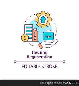 Housing regeneration concept icon. Better living environment. Social planning example abstract idea thin line illustration. Isolated outline drawing. Editable stroke. Arial, Myriad Pro-Bold fonts used. Housing regeneration concept icon