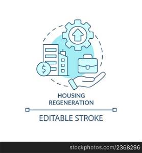 Housing regeneration turquoise concept icon. Living environment. Social planning abstract idea thin line illustration. Isolated outline drawing. Editable stroke. Arial, Myriad Pro-Bold fonts used. Housing regeneration turquoise concept icon