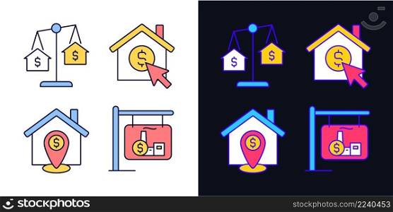 Housing searching light and dark theme color icons set. Property comparison. Home location. Real estate website. Simple filled line drawings. Bright cliparts on white and black. Editable stroke. Housing searching light and dark theme color icons set