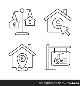 Housing searching linear icons set. Property comparison. Home location. Real estate website. Realty sale. Customizable thin line symbols. Isolated vector outline illustrations. Editable stroke. Housing searching linear icons set