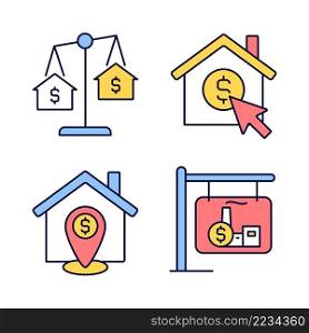 Housing searching RGB color icons set. Property comparison. Home location. Real estate website. Isolated vector illustrations. Simple filled line drawings collection. Editable stroke. Housing searching RGB color icons set