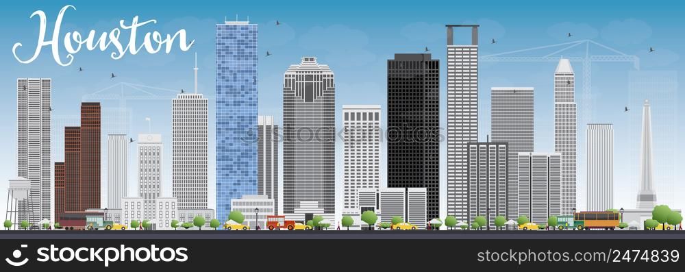 Houston Skyline with Gray Buildings and Blue Sky. Vector Illustration. Business Travel and Tourism Concept with Modern Buildings. Image for Presentation Banner Placard and Web Site.