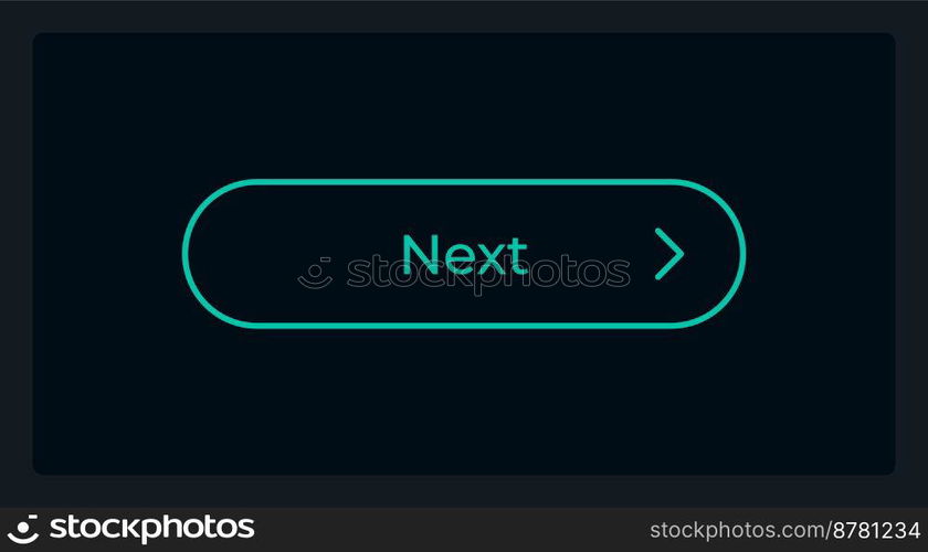 Hover next step button UI element template. Editable isolated vector dashboard component. Flat user interface. Visual data presentation. Web design widget for mobile application with dark theme. Hover next step button UI element template