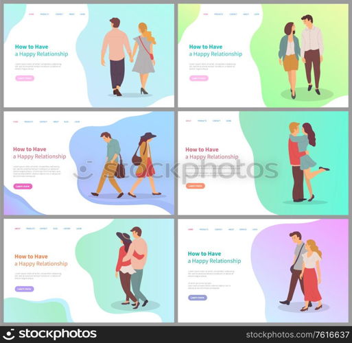 How have happy relationship set, man and woman embracing or holding hands on date, couple dating appointment, feelings boyfriend and girlfriend vector. Website template, landing page flat style. Feelings of Boyfriend and Girlfriend, Lover Vector