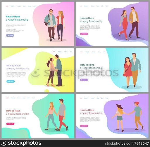 How have happy relationship set, man and woman embracing or holding hands on date, couple dating appointment, feelings boyfriend and girlfriend vector. Website template, landing page flat style. Feelings of Boyfriend and Girlfriend, Lover Vector
