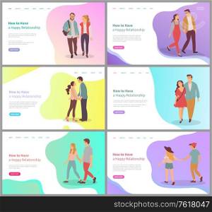 How have happy relationship set, man and woman embracing or holding hands on date, couple dating appointment, feelings boyfriend and girlfriend vector. Website template, landing page flat style. Feelings of Boyfriend and Girlfriend, Lover Vector