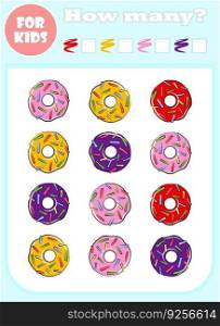 How many colour vector educational game for children. Counting mathematical book template, preschool learning concept. Cartoon hand drawn illustration, cute activity for kids. Sweet donut food set.