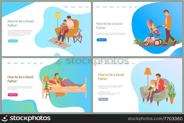 How to be good father vector, child sitting in perambulator, male with pram walking on weekends, care for daughter, bedtime reading and feeding. Website or slider app, concept for Father day. How to be Good Father, Daddy Walking Kid in Pram